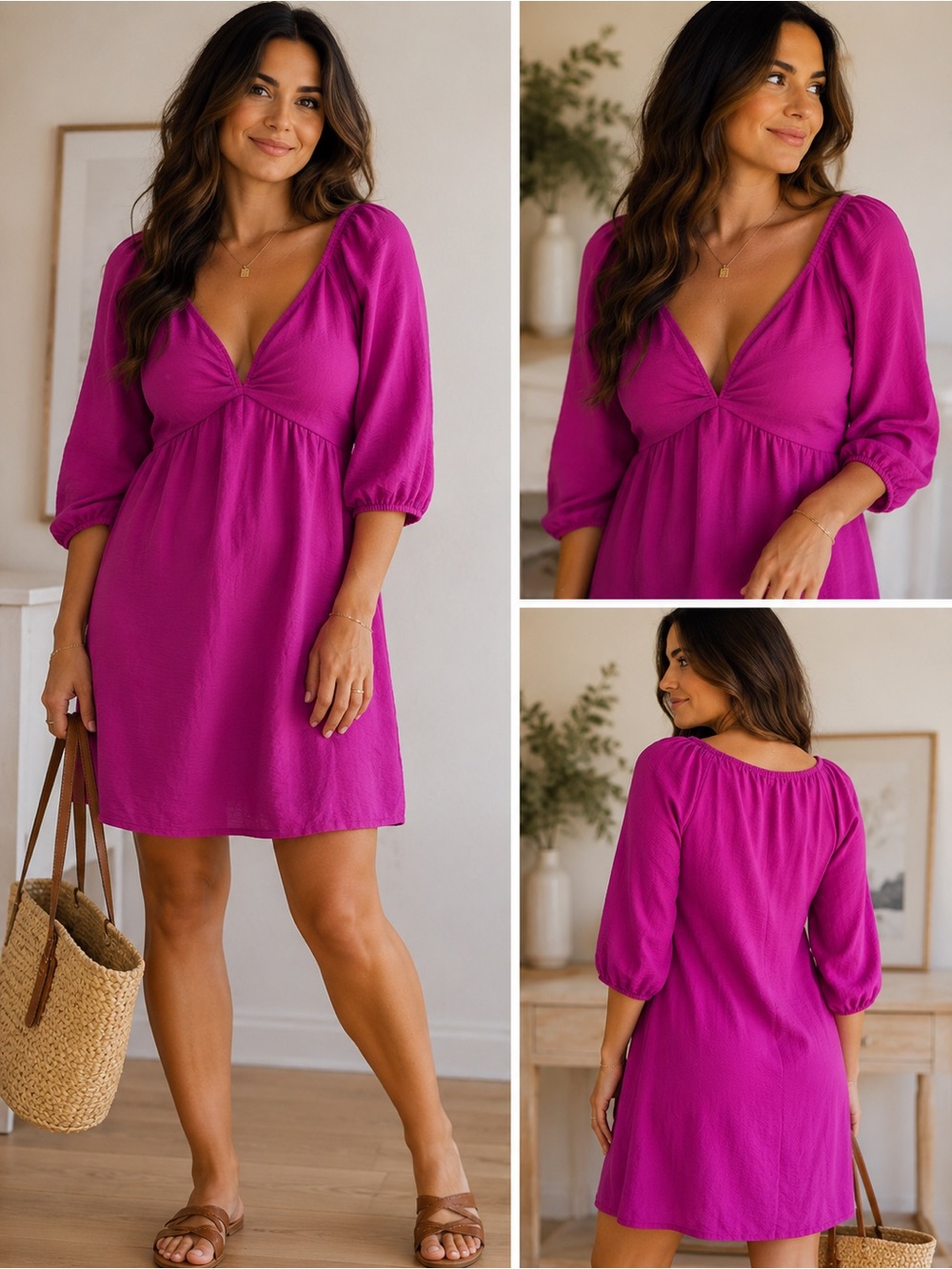 Women’s Magenta Peasant Dress - Soft Puff Sleeve
